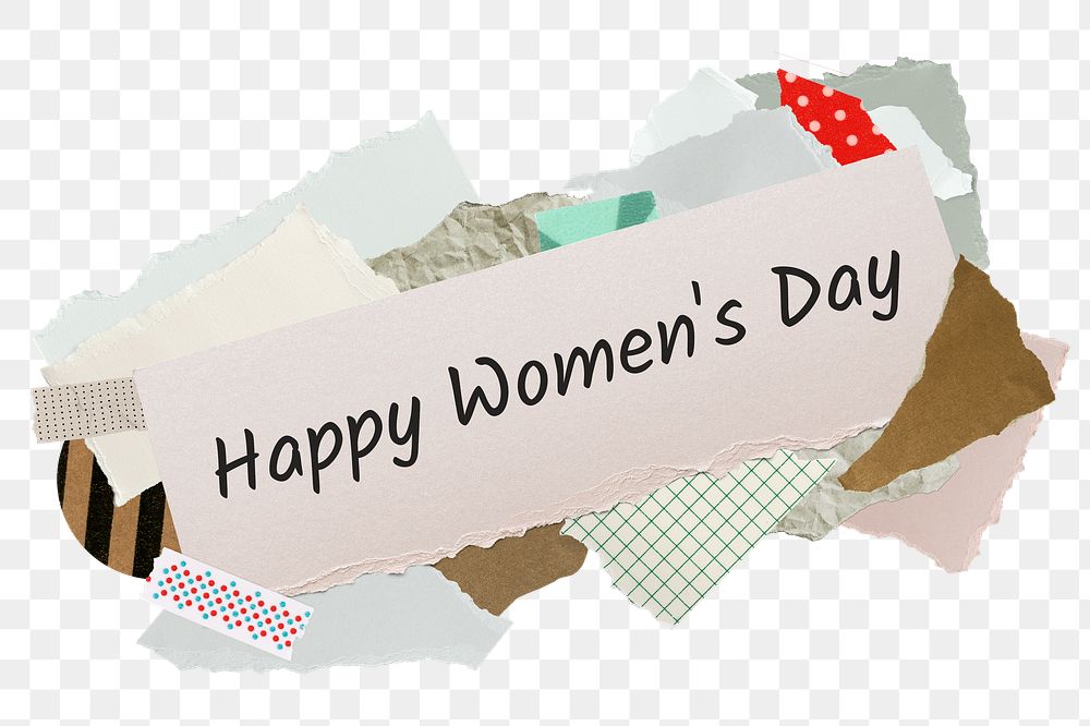 Happy Women's Day png word sticker, aesthetic paper collage typography, transparent background