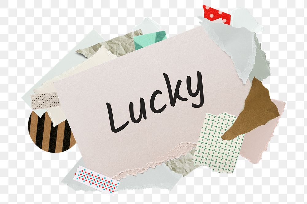 Lucky png word sticker, aesthetic paper collage typography, transparent background