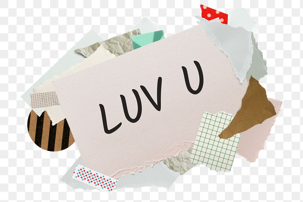 Luv U png word sticker, aesthetic paper collage typography, transparent background