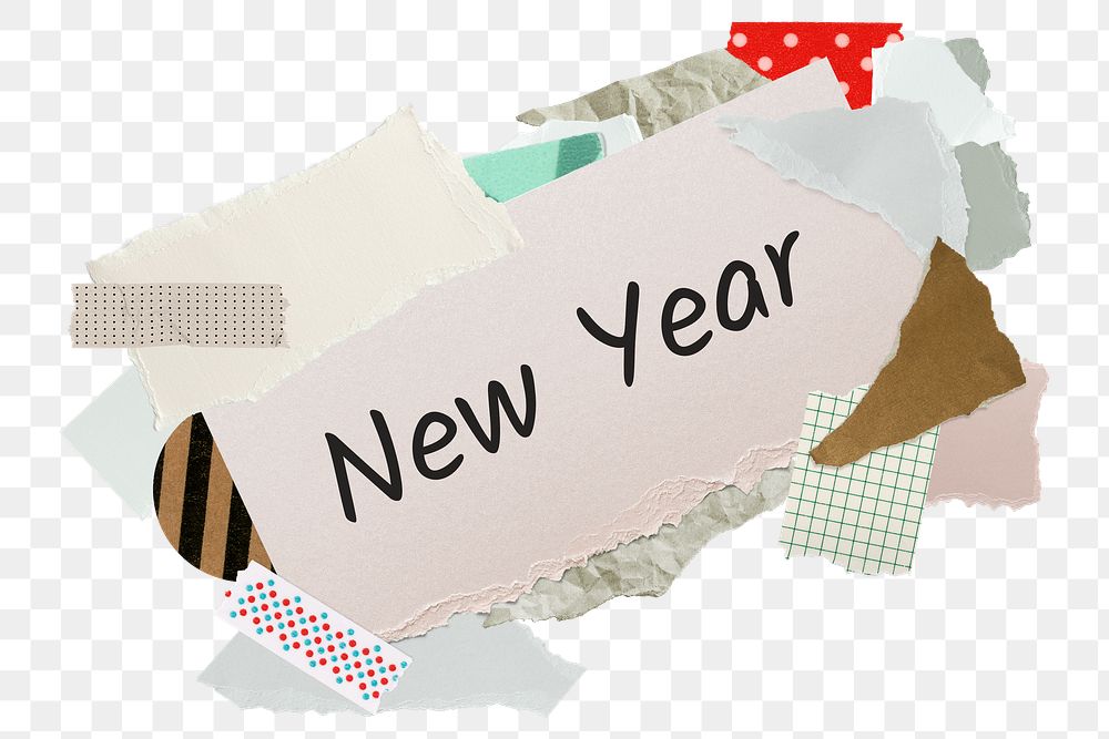 New Year png word sticker, aesthetic paper collage typography, transparent background
