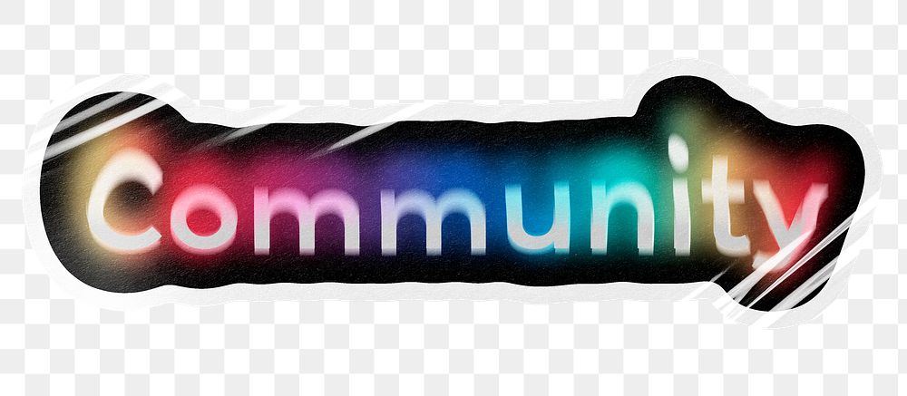 Community png word sticker, neon psychedelic typography, transparent background