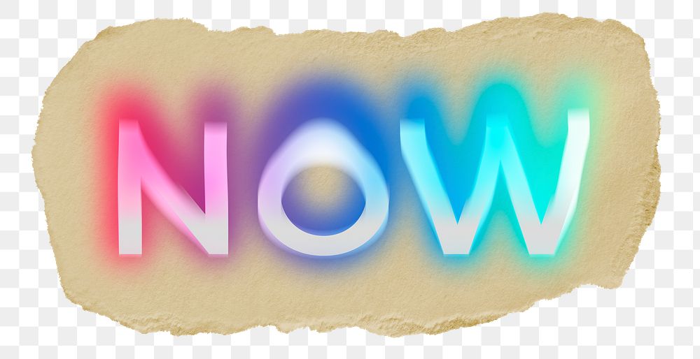 Now png ripped paper word sticker typography, transparent background