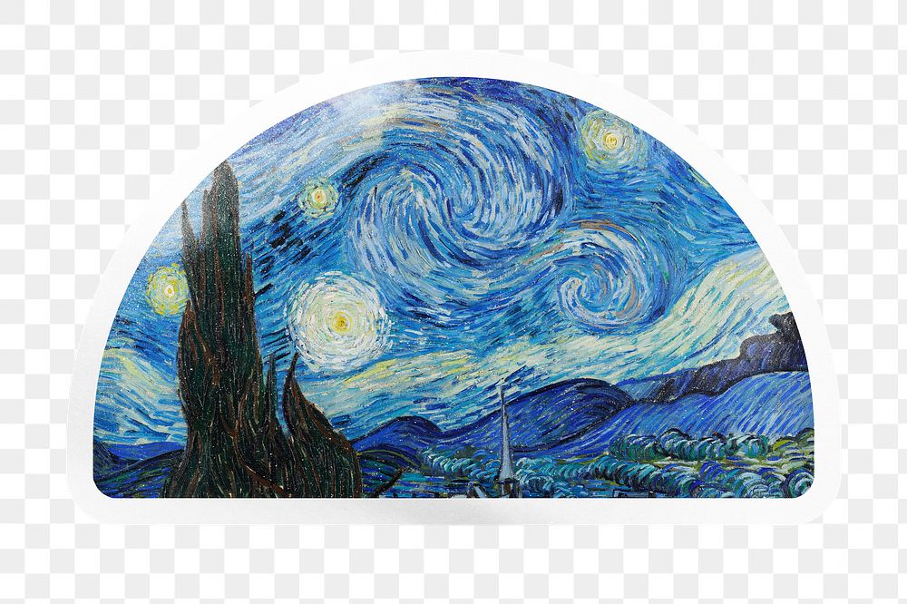 PNG Van Gogh's Starry Night painting, printable semicircle sticker in transparent background, remixed by rawpixel.