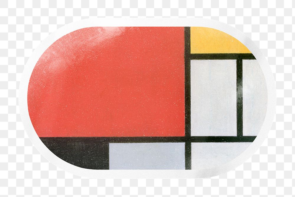 PNG Piet Mondrian's red and yellow composition painting, printable oval sticker in transparent background, remixed by…