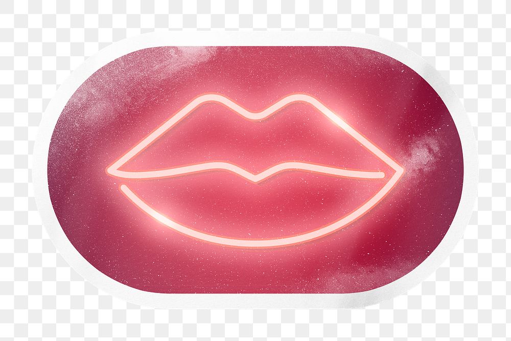 Sexy lips png neon sign, oval rectangle digital sticker in transparent background
