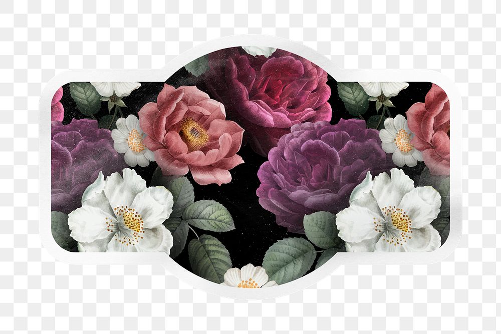 Flower png vintage illustration, beautiful botanical sticker, badge shape in transparent background
