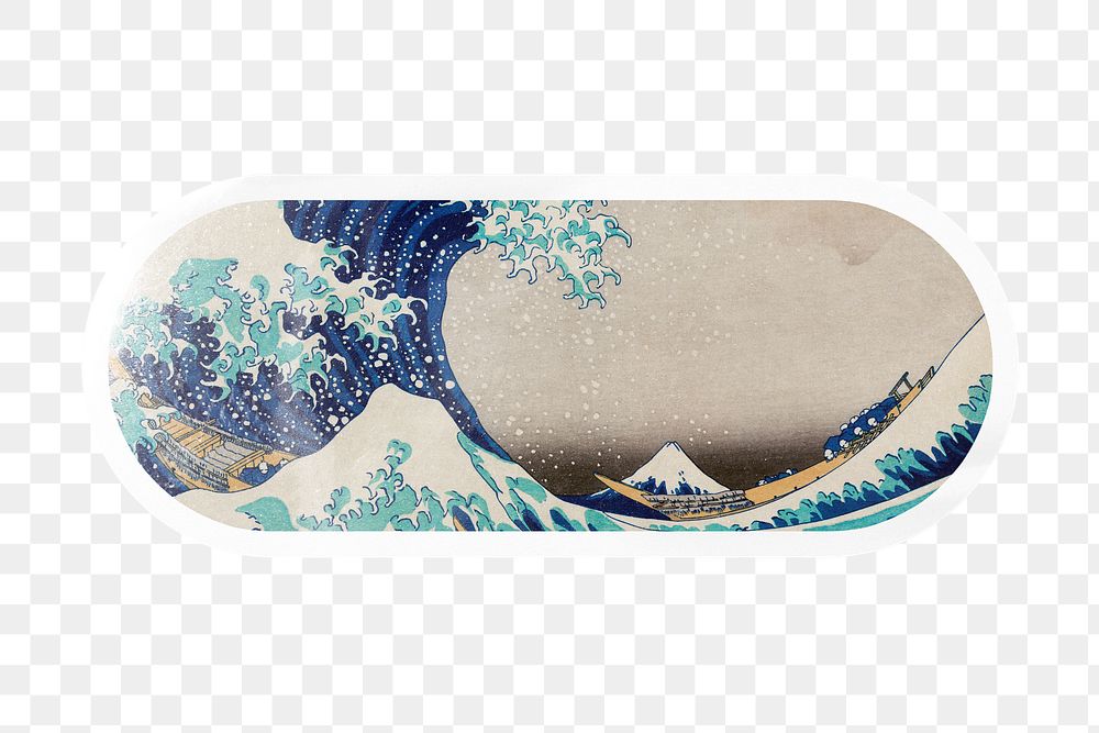 PNG Hokusai's The Great Wave off Kanagawa, printable long oval sticker in transparent background, remixed by rawpixel.