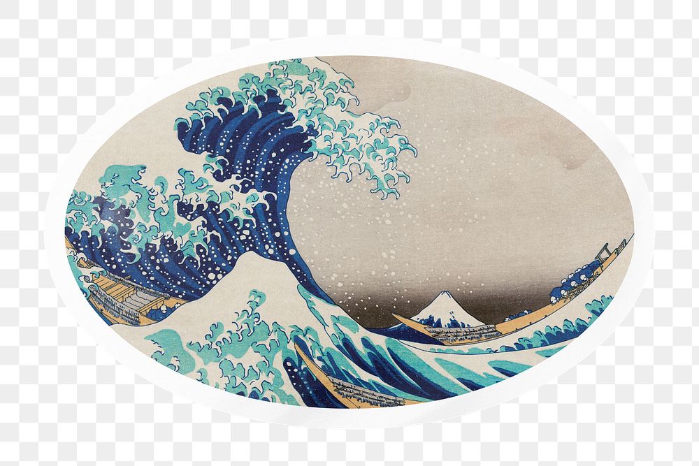 PNG Hokusai's The Great Wave off Kanagawa, printable oval sticker in transparent background, remixed by rawpixel.