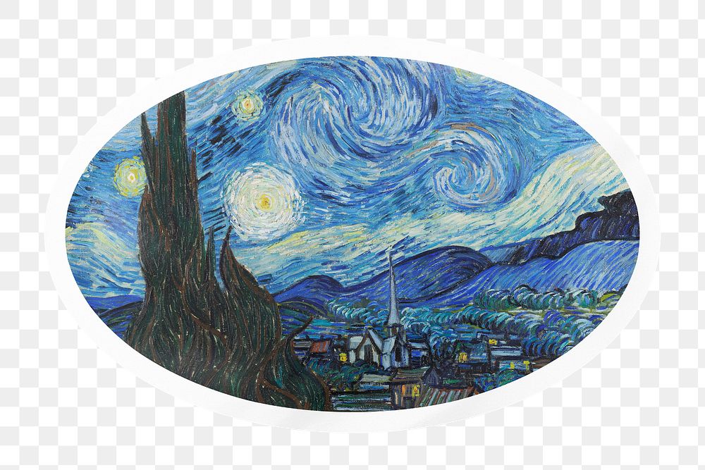 PNG Van Gogh's Starry Night painting, printable oval sticker in transparent background, remixed by rawpixel.
