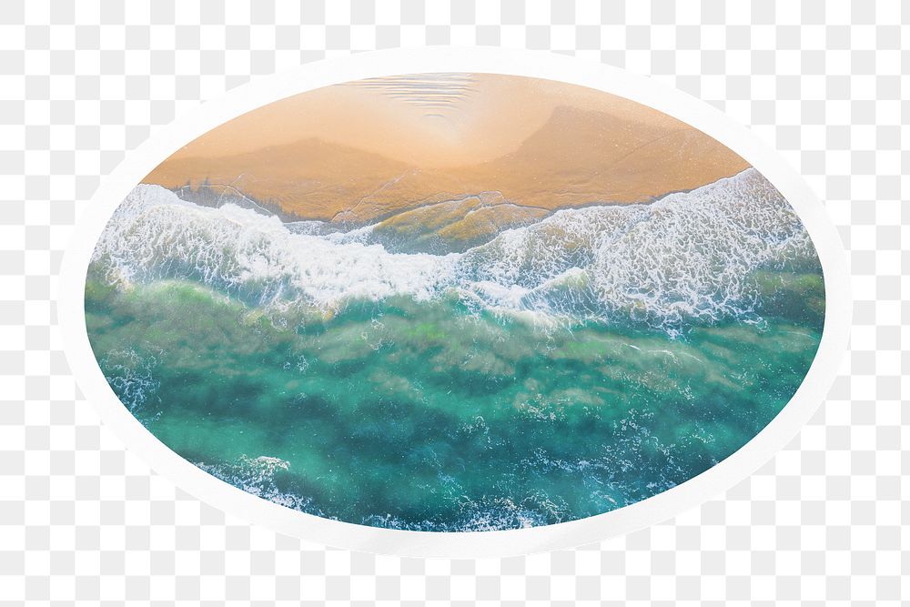 Island png beach, summer collage element, oval sticker in transparent background