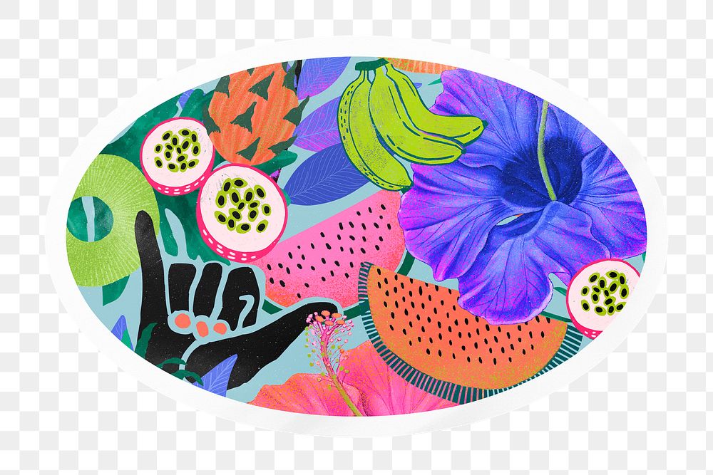 PNG tropical summer illustration sticker, oval with white border in transparent background