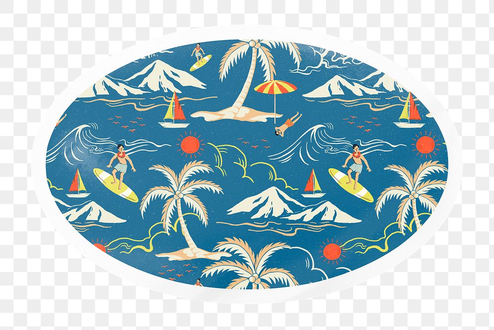 Summer png vacation pattern, tropical island and sea sticker, oval in transparent background