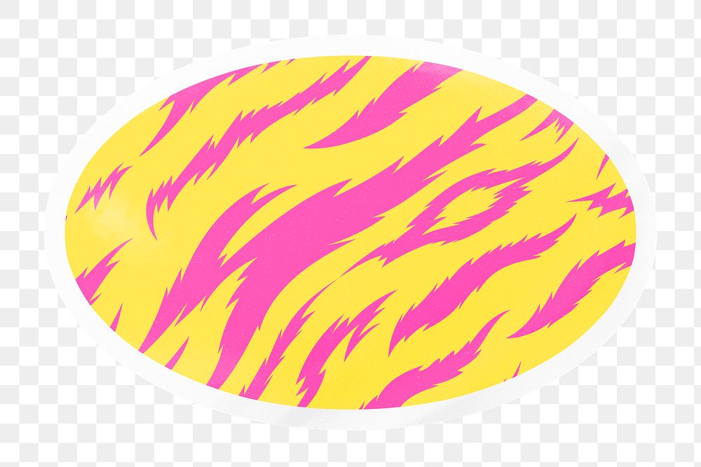 PNG animal print, neon tiger pattern digital sticker, oval in transparent background