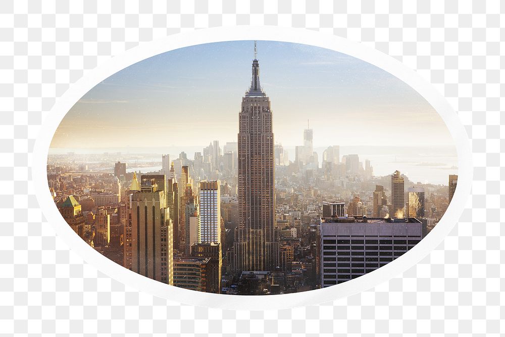 City png skyline sticker, financial district skyscrapers, oval clipart in transparent background