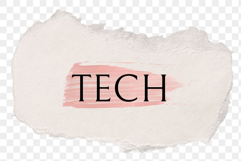 Tech png word sticker typography, torn paper transparent background