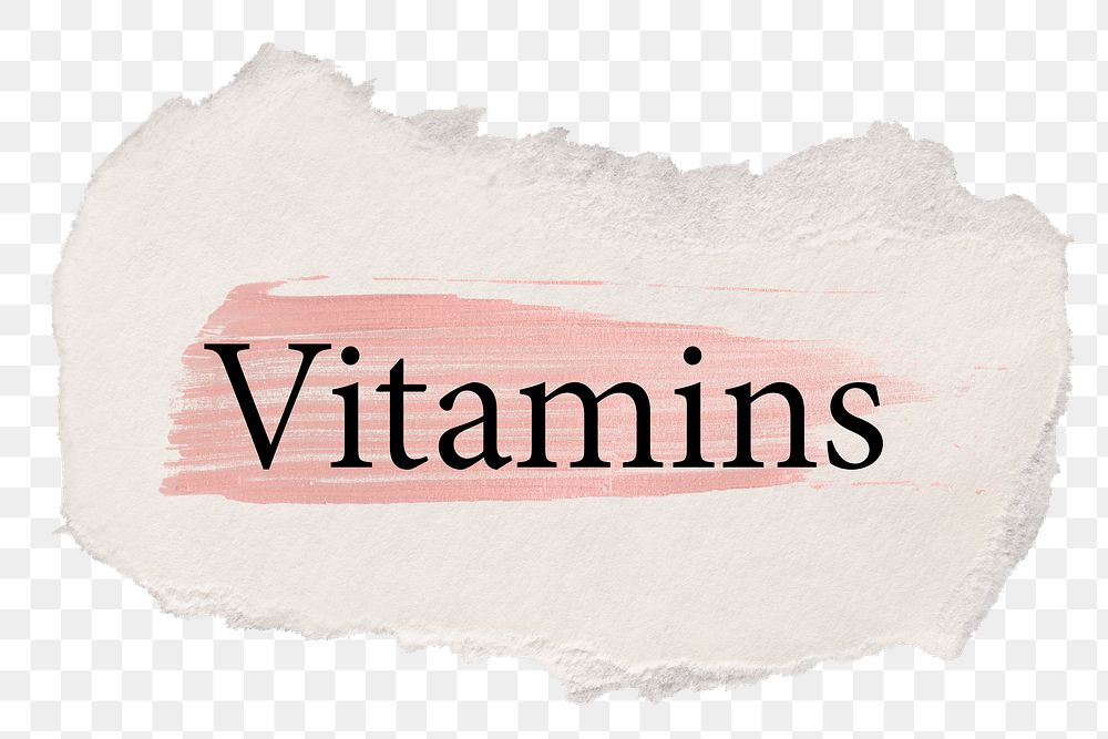 Vitamins png word sticker typography, torn paper transparent background