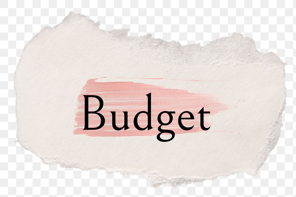 Budget png ripped paper word sticker typography, transparent background