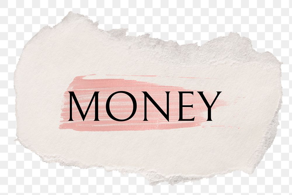 Money png word sticker typography, torn paper transparent background