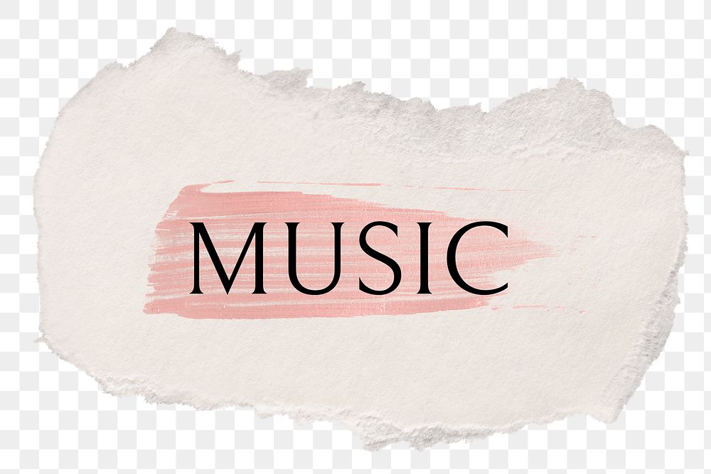 Music png word sticker typography, torn paper transparent background
