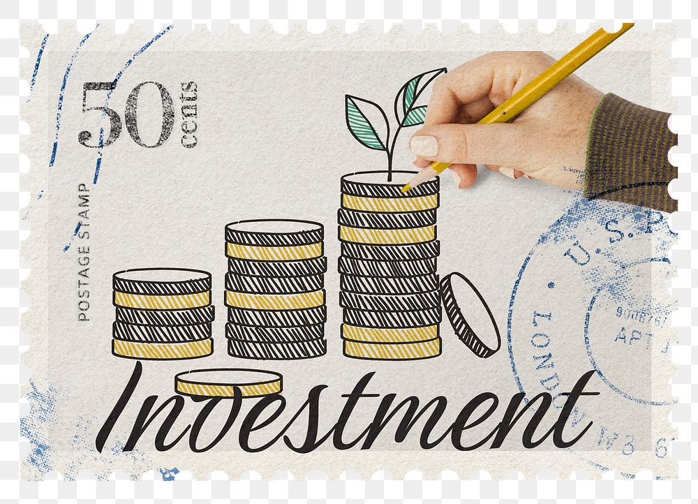Investment png post stamp sticker, finance stationery, transparent background