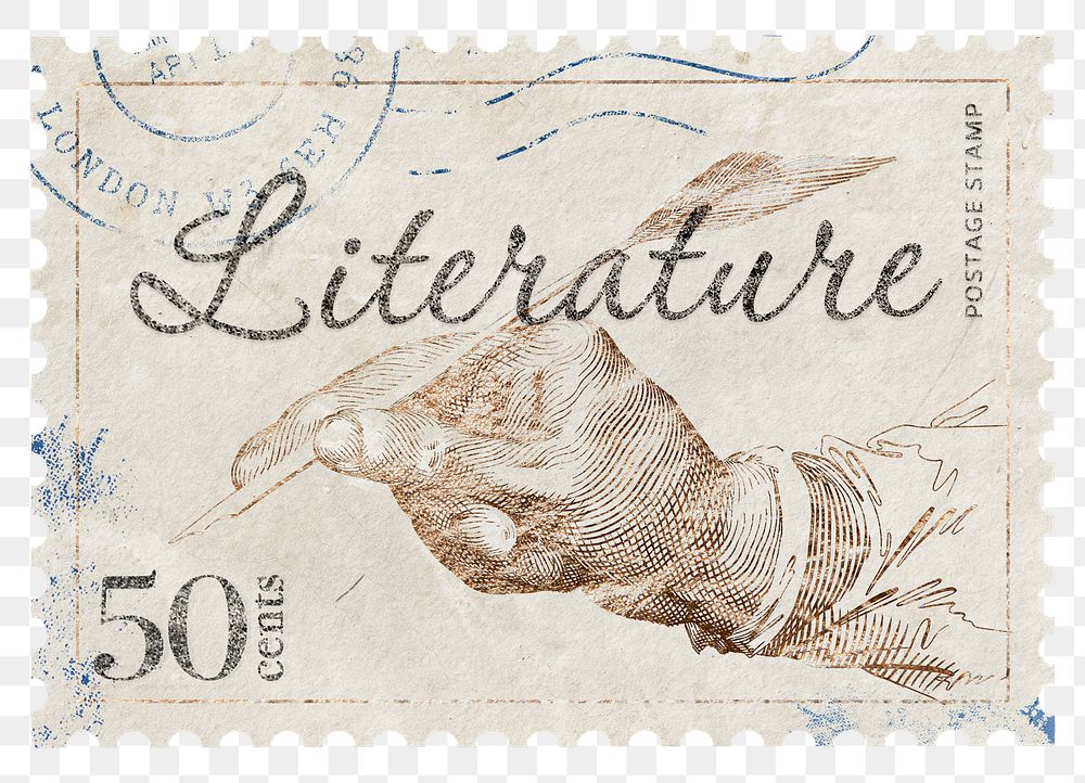 Literature png post stamp sticker, vintage stationery, transparent background