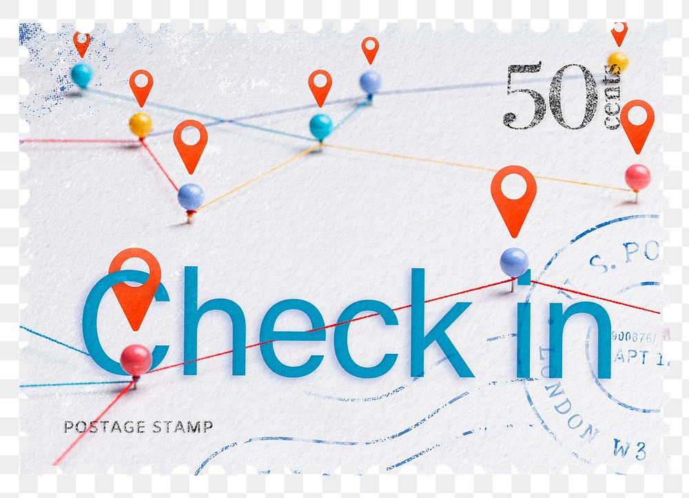 Check in png post stamp sticker, travel stationery, transparent background