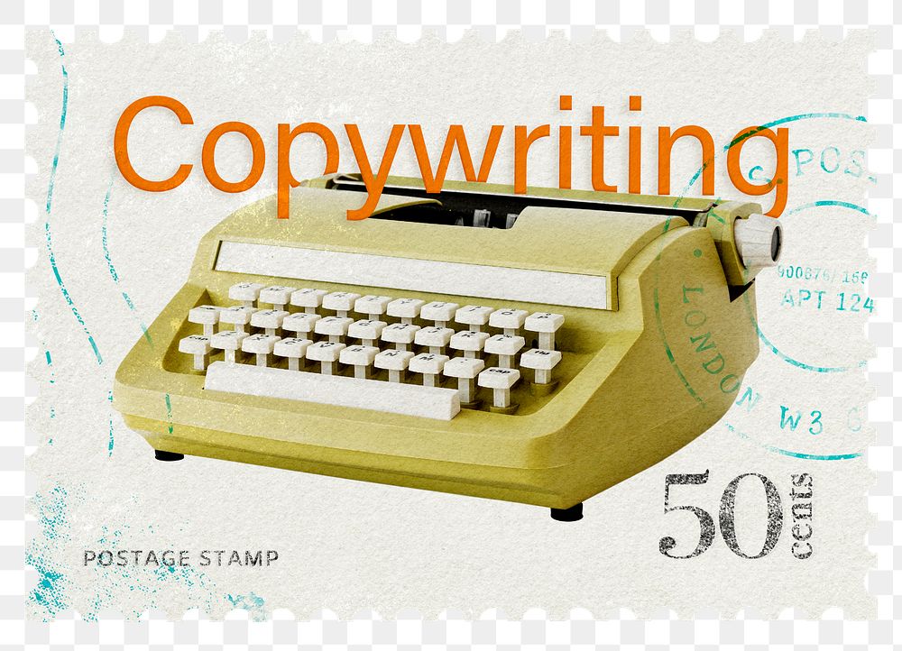 Copywriting png post stamp sticker, typewriter stationery, transparent background