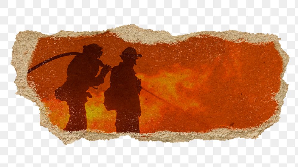 Firefighters on duty png sticker, ripped paper, transparent background