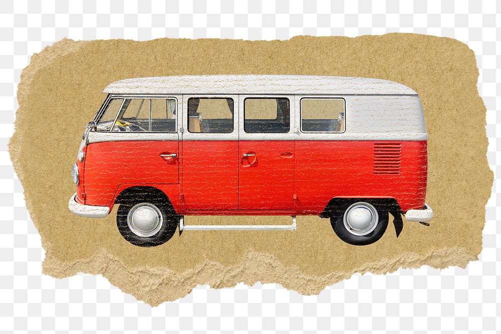 Retro microbus png sticker, ripped paper, transparent background