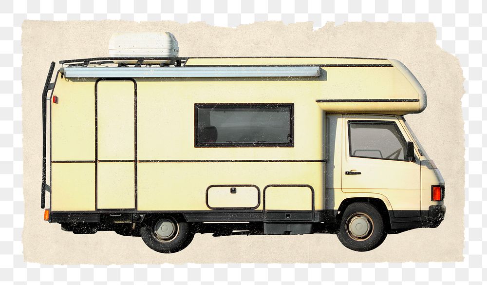 Caravan trailer png sticker, ripped paper, transparent background