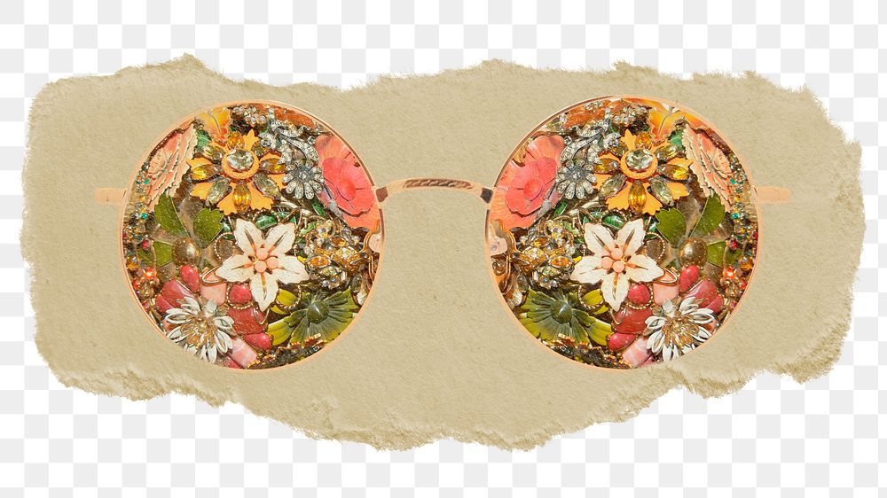 Floral sunglasses png sticker, ripped paper, transparent background
