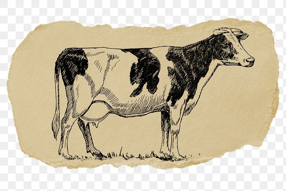 Cow png animal sticker, ripped paper, transparent background