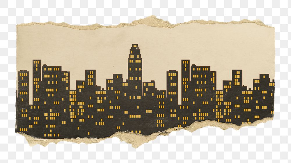 Cityscape silhouette png sticker, ripped paper, transparent background