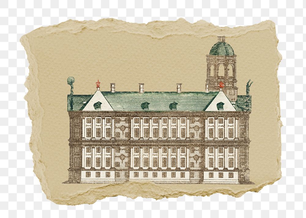 European building png sticker, ripped paper, transparent background