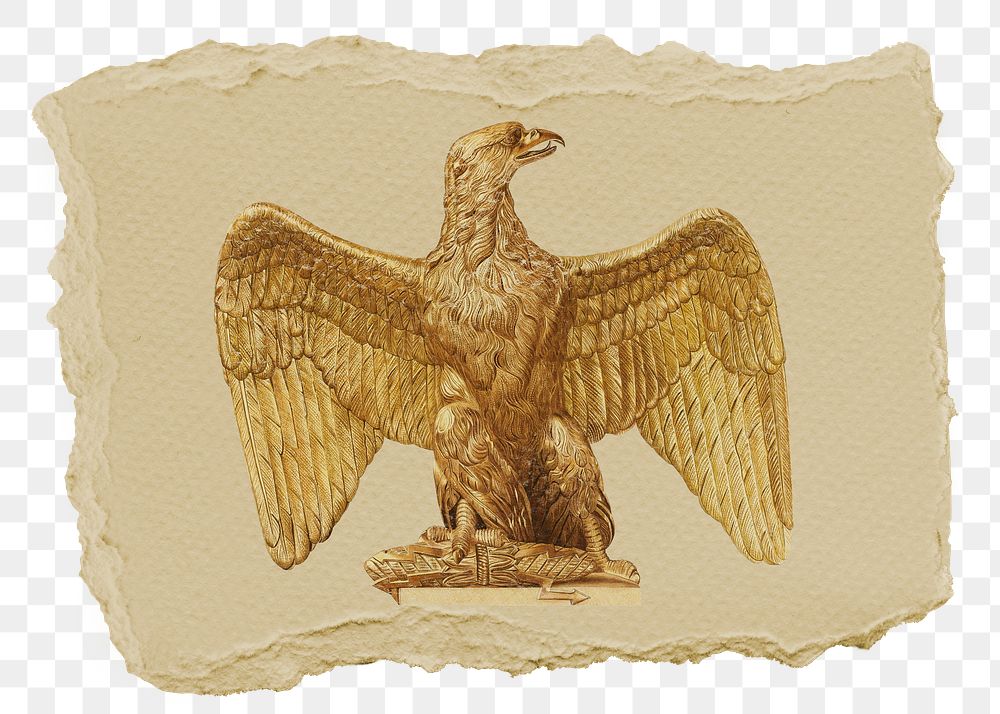 Gold eagle statue png sticker, ripped paper, transparent background