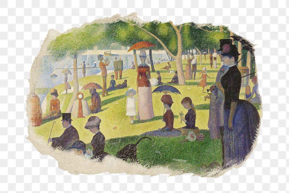 Sunday png on La Grande Jatte sticker, ripped paper, transparent background, famous artwork remixed by rawpixel