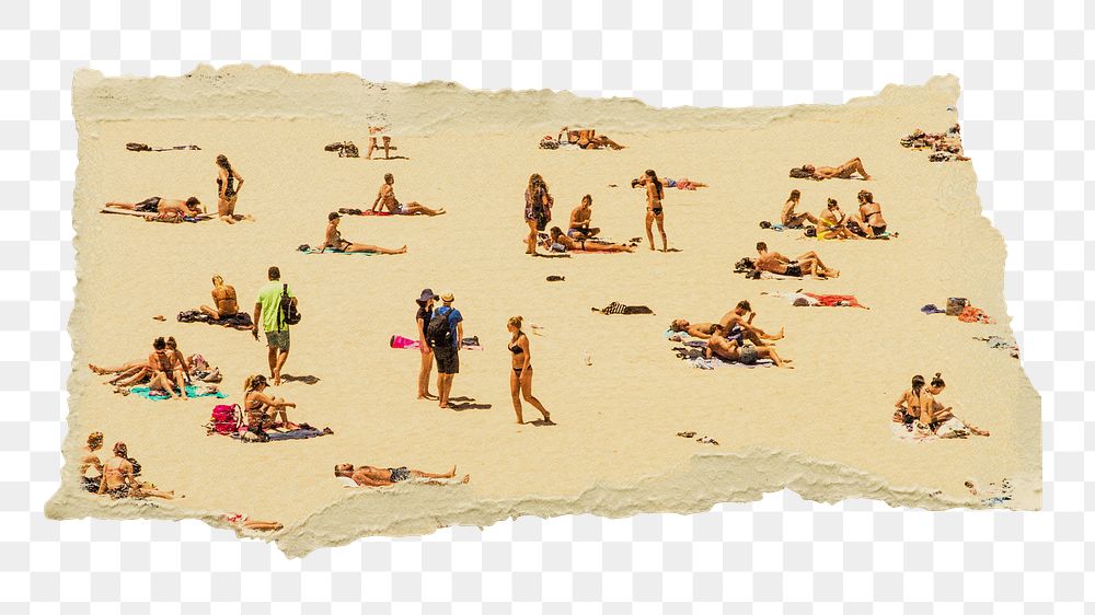 People png at the beach sticker, ripped paper, transparent background