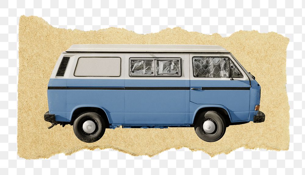 Retro minivan png sticker, ripped paper, transparent background