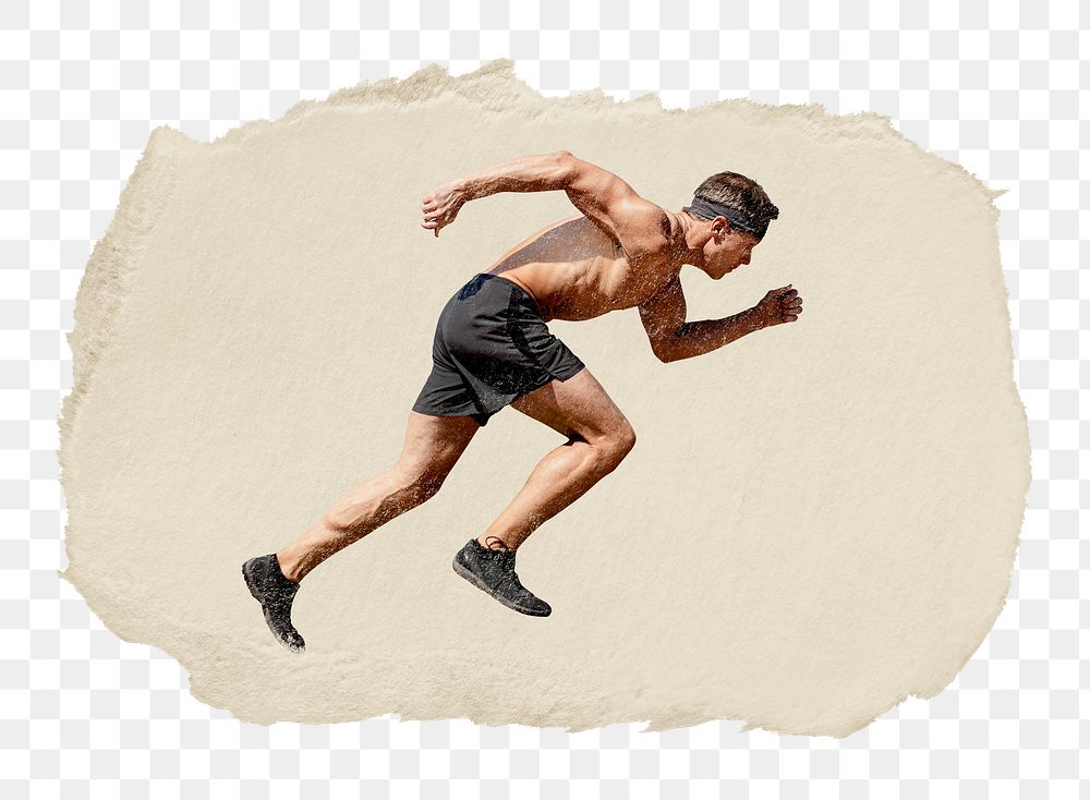 Man sprinting png sticker, ripped paper, transparent background