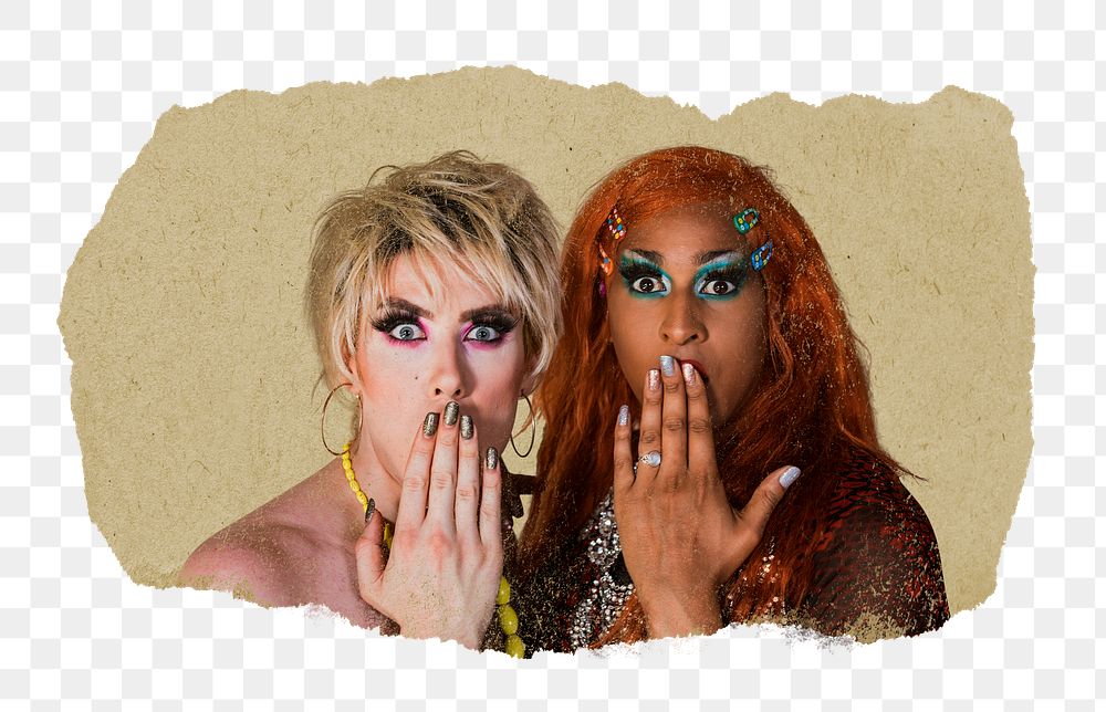 Surprised drag queens png sticker, ripped paper, transparent background