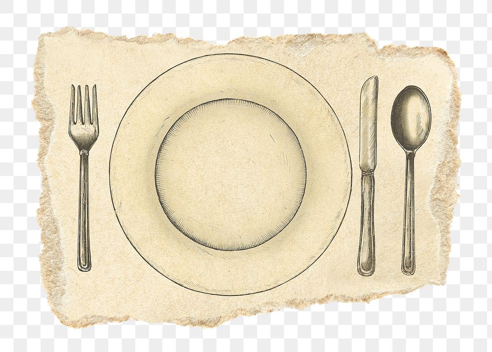 Plate and cutlery png sticker, ripped paper, transparent background