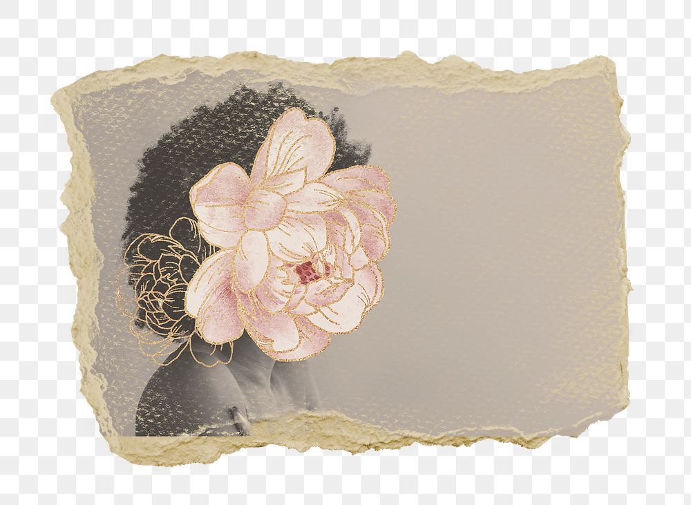 Flower woman aesthetic png sticker, ripped paper, transparent background