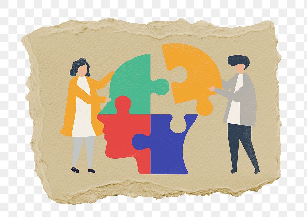 People fixing puzzle png sticker, ripped paper, transparent background