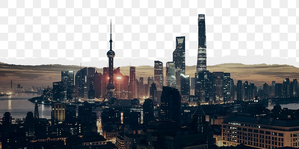 Shanghai skyline png border sticker on ripped paper transparent background