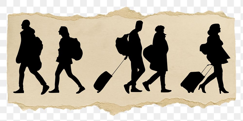 Travelers silhouette png sticker, ripped paper, transparent background