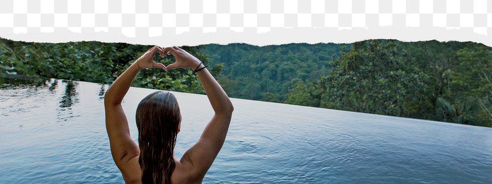 Png woman in swimming pool border sticker on ripped paper transparent background