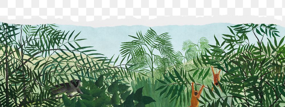 Png Rousseau's Tropical Forest with Monkeys border sticker, transparent background remixed by rawpixel 