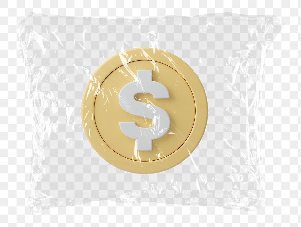 Dollar sign coin png plastic bag sticker, currency exchange concept art on transparent background