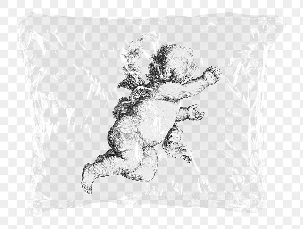 Flying cherub png plastic bag sticker, religious concept art on transparent background