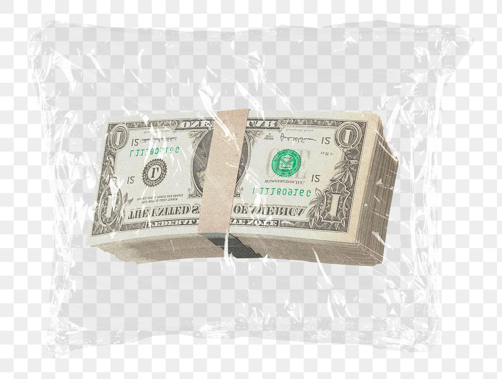Dollar bills png strap plastic bag sticker, finance, currency exchange concept art on transparent background